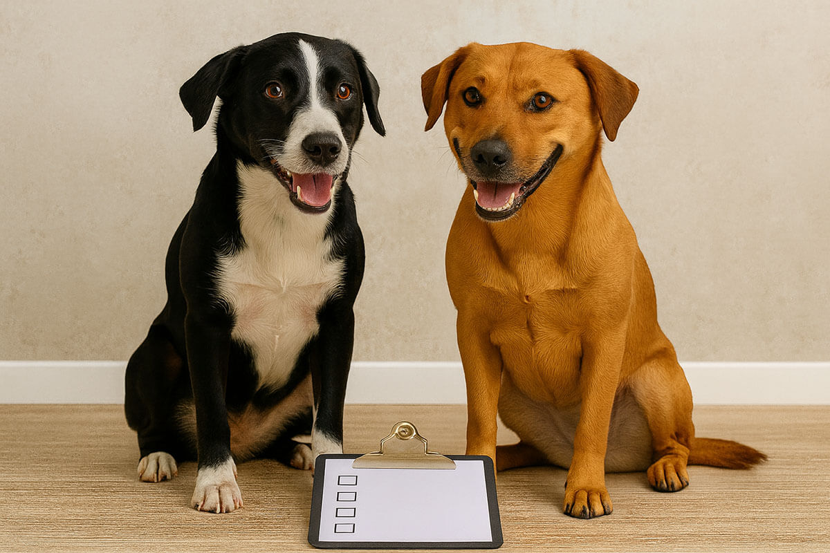 Two happy dogs with adoption checklist.