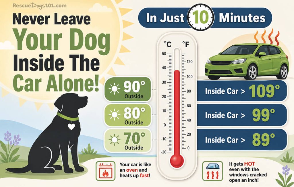 Never leave your dog in the car. In just 10 minutes temps in your car examples.