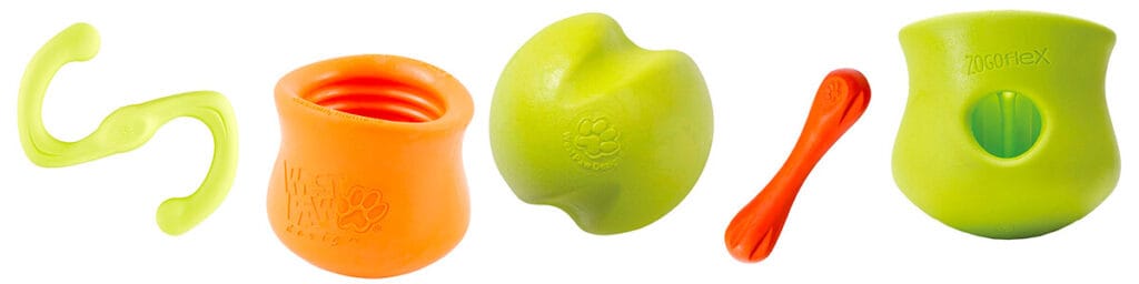 green and orange west paw dog toys