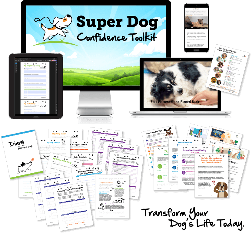 Super Dog Confidence Toolkit Super Dog Confidence Toolkit contents are shown on a computer, laptop, phone and tablet. Transform your dog's life today.