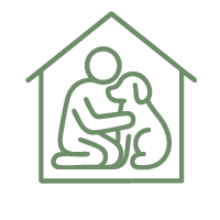 Line Icon with a person sitting with a dog inside the outline of a house.