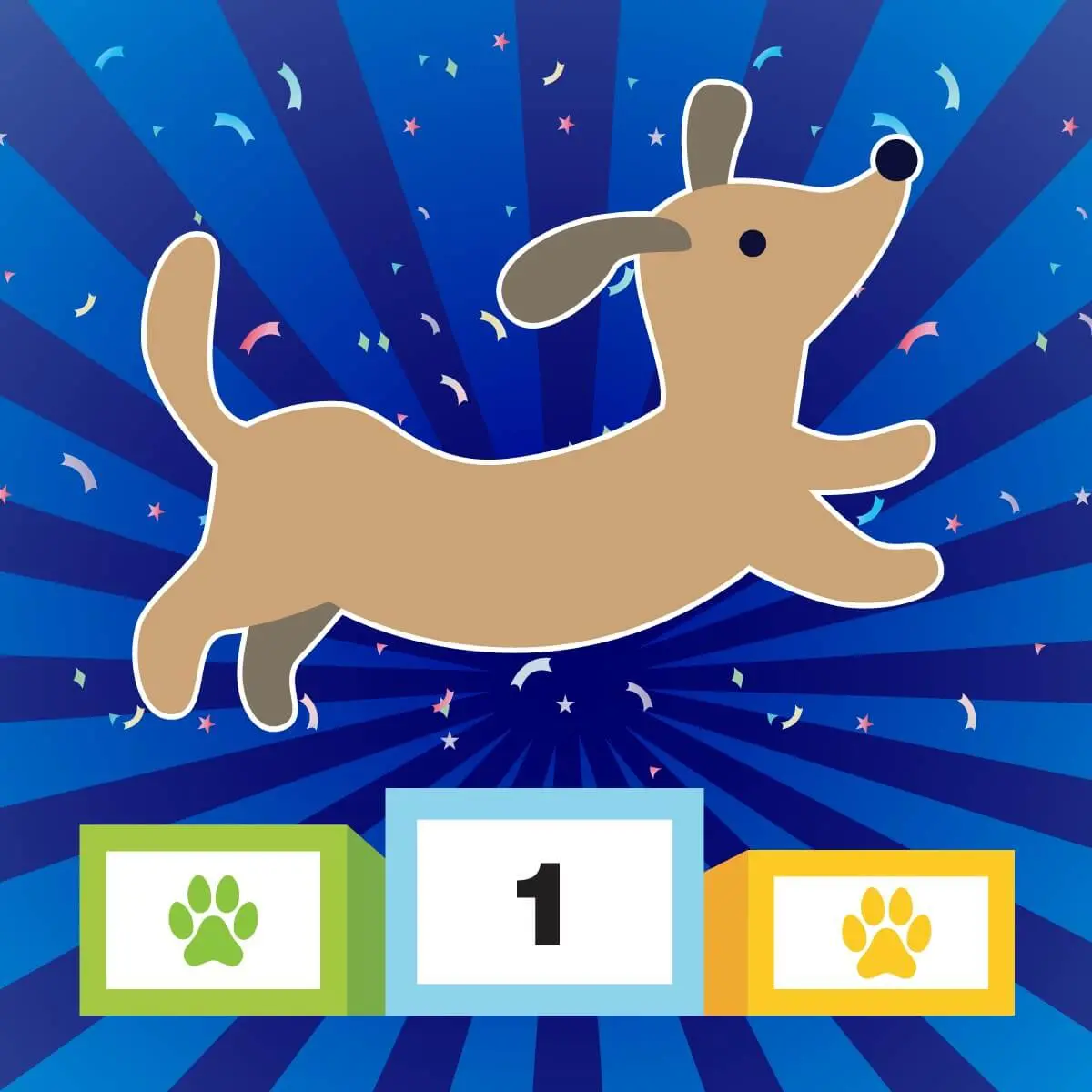 Illustration of a dog leaping over a box with the number one. 