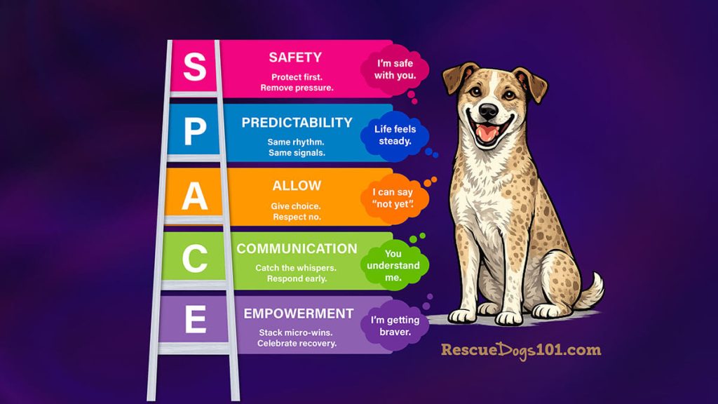 Dog with S.P.A.C.E. safety and communication tips