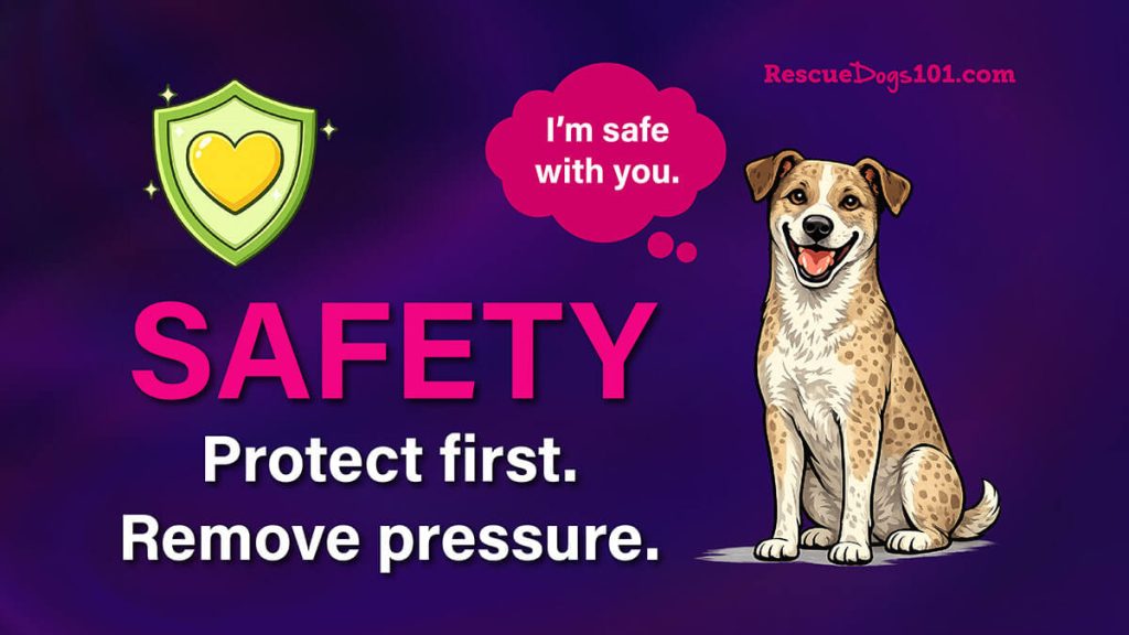 Safety. I'm safe with you. Mixed breed dog illustration on a purple background.