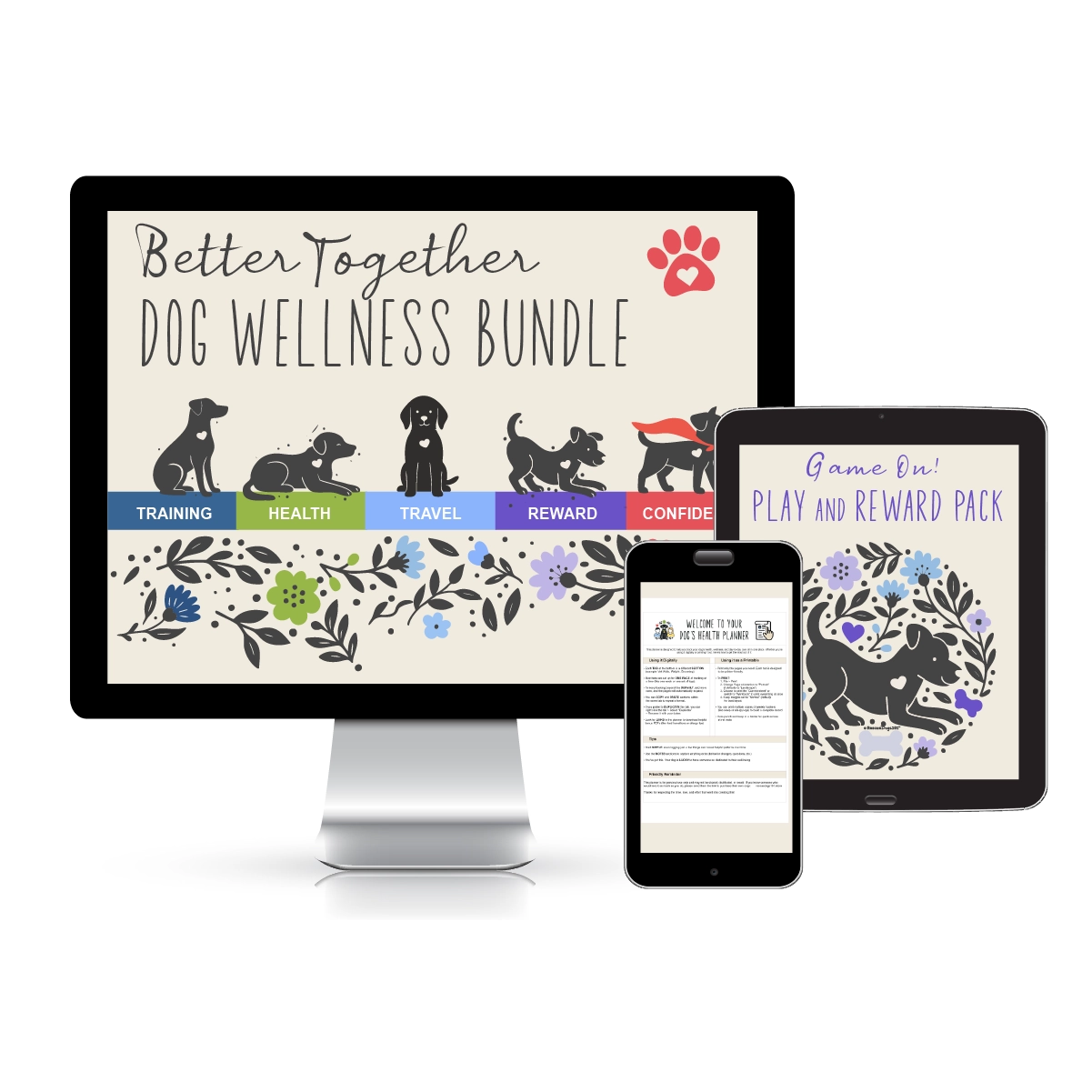 Dog Wellness Bundle on computer screen, laptop, tablet and smart phone with  many pages behind it.
